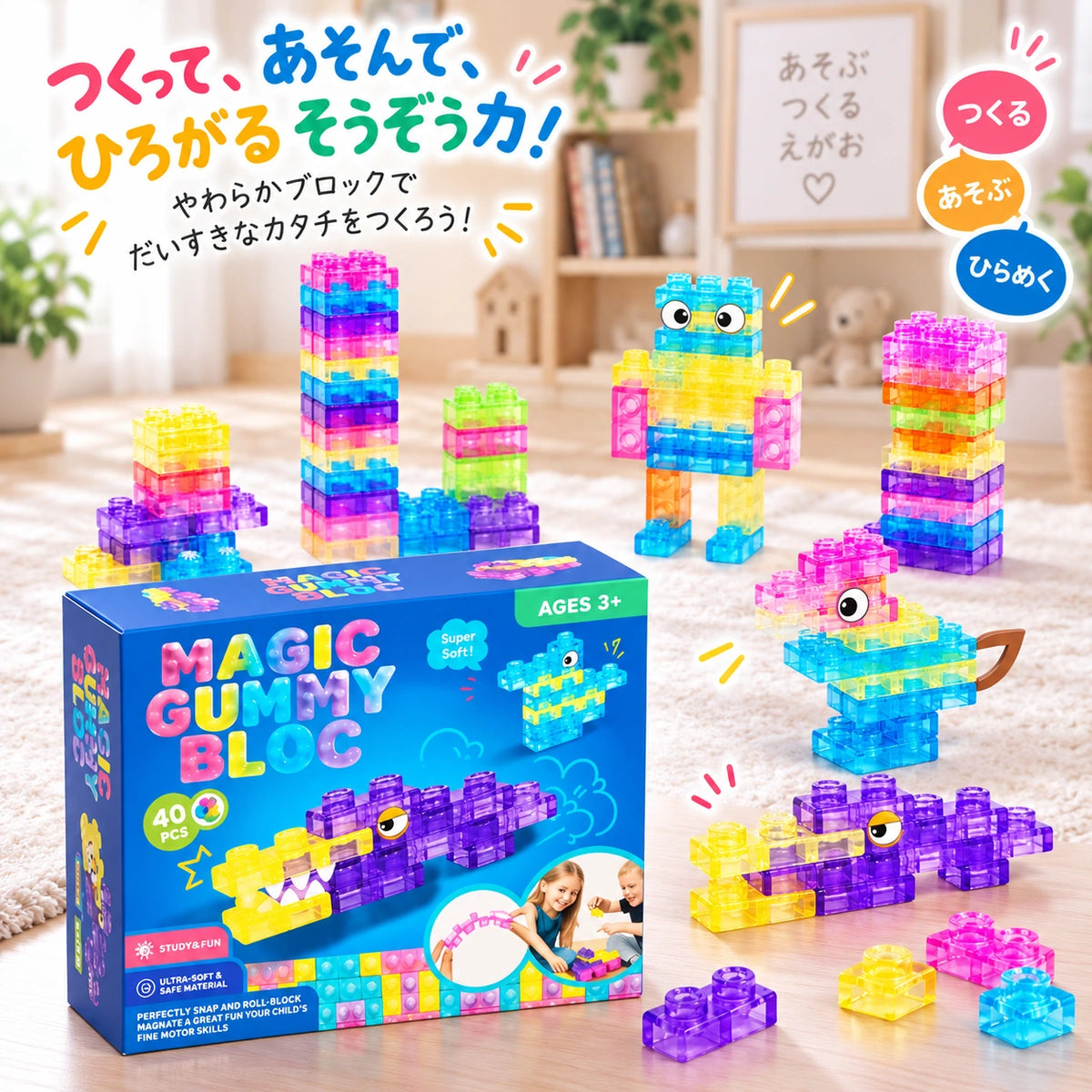 GummyBlock™（グミーブロック） ぷにぷに触感でつくって遊べる マグネットブロック＆電動トレインセット ＼ 今だけ30%OFF ／