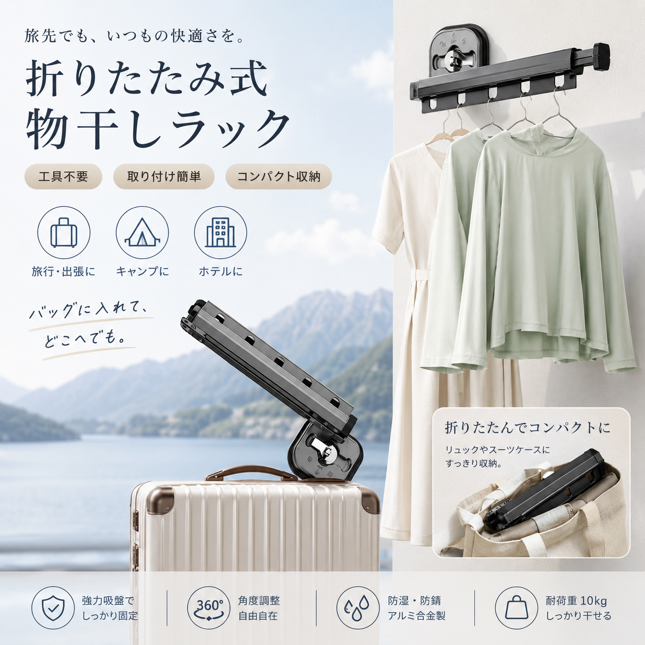 【本日限定30%OFF】穴あけ不要 折りたたみ物干し DrySpace｜吸盤式・省スペース・室内干し対応