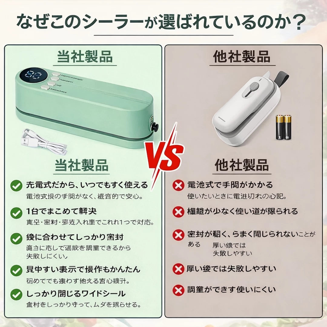 FreshSeal｜小型真空シーラー コードレス 食材保存 鮮度長持ち 食費節約
